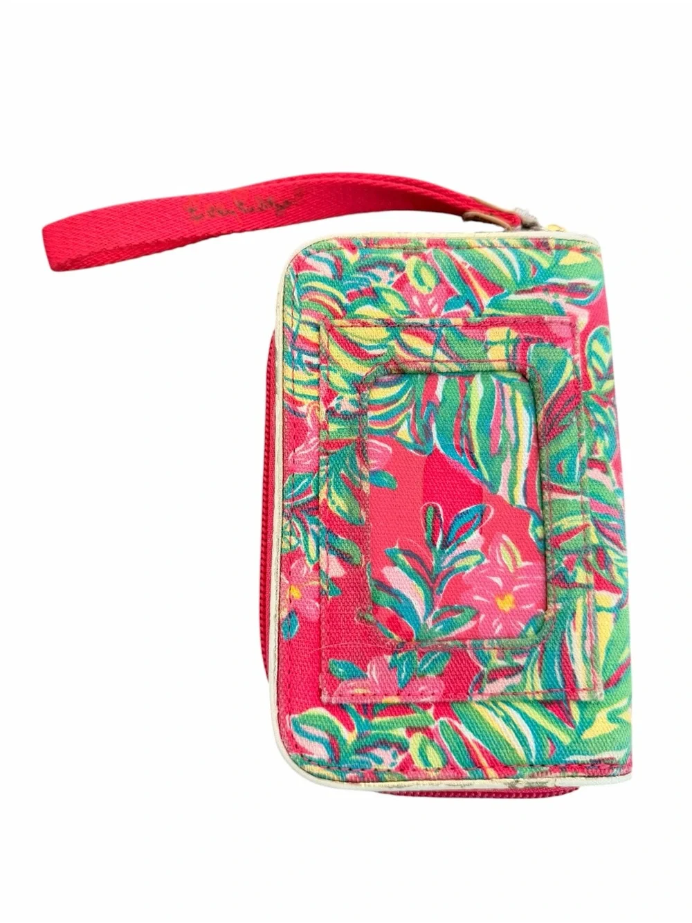 Lilly Pulitzer Pink Tropical Wristlet Wallet Phone Case Strap Full Zip Preppy
